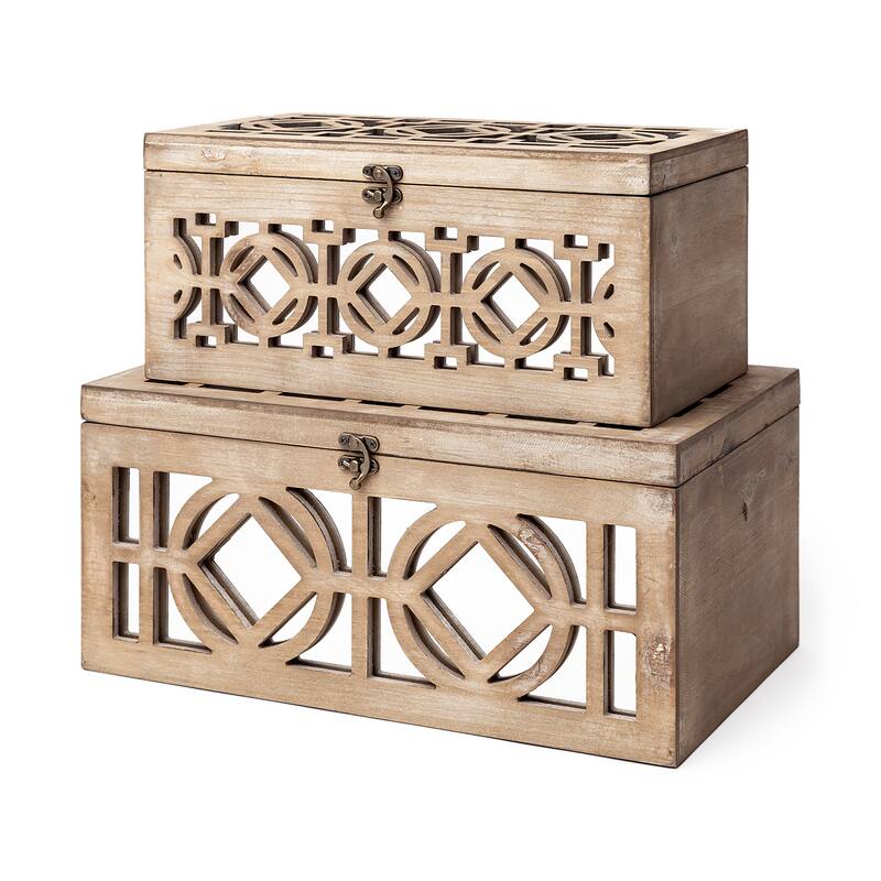 Estooki Set of Two Whitewashed Wood Mirrored Boxes - 7"H x 15.34"W x 9.38"D & 6.13"H x 13.34"W x 7.25"D