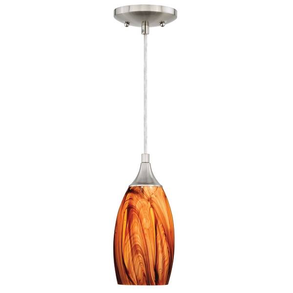 slide 2 of 10, Milano Satin Nickel Mini Pendant Ceiling Light Amber Fire Glass - 4.75-in W x 9.75-in H x 4.75-in D Satin Nickel - 4.75-in W x 9.75-in H x 4.75-in D