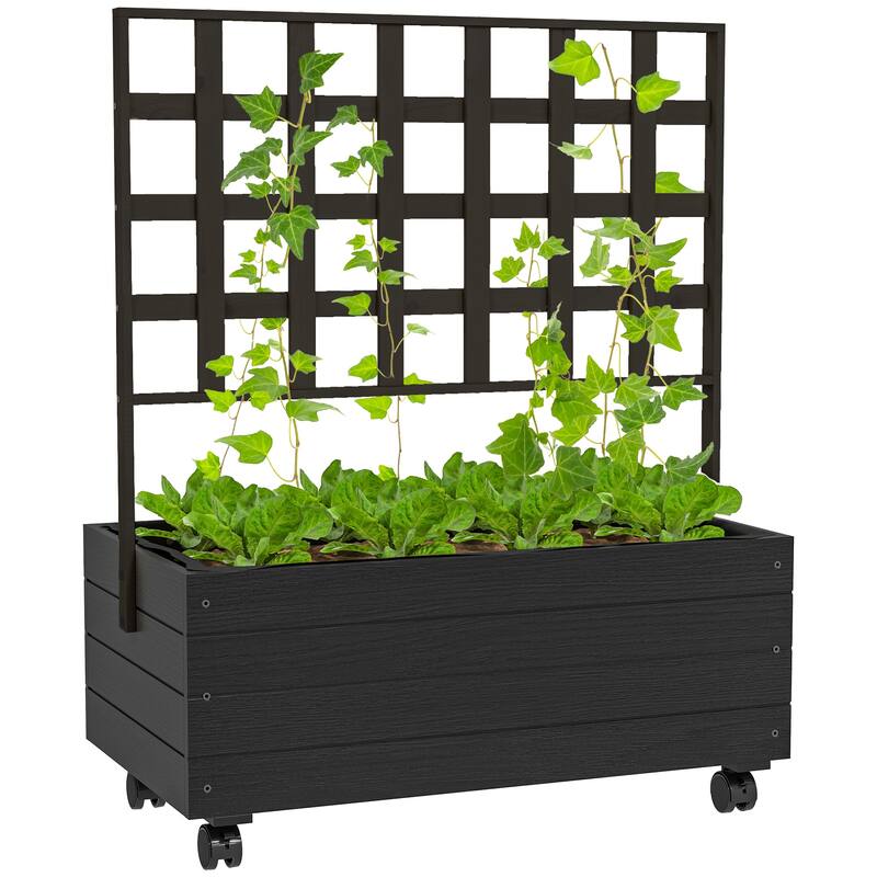 Outsunny Raised Garden Bed with Trellis and Wheels, Outdoor Wooden Elevated Planter Box, Freestanding Raised Flower Bed