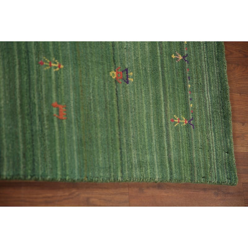Striped Green Gabbeh Oriental Area Rug Handmade Silk Carpet - 9'1"x 11'5"