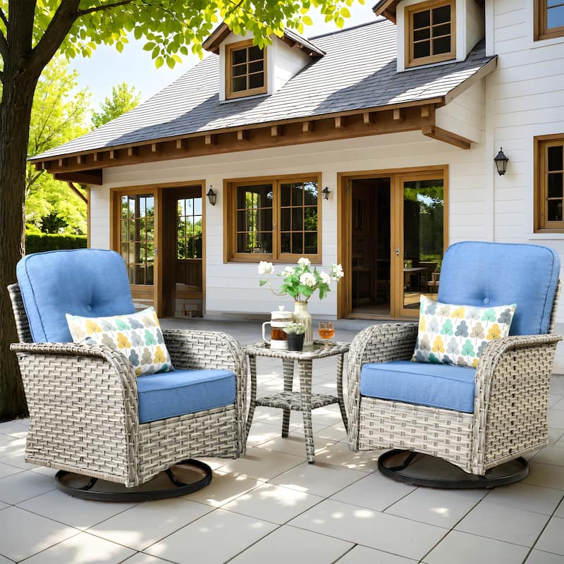 OVIOS 10 Pieces Outdoor Wicker Swivel Chair Set With Solar-Powered Coffee Table
