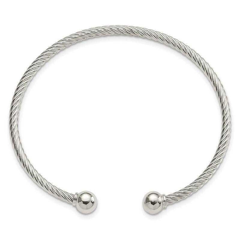 Curata 925 Sterling Silver Twisted Cable Cuff with Ball Endcaps Bangle Bracelet