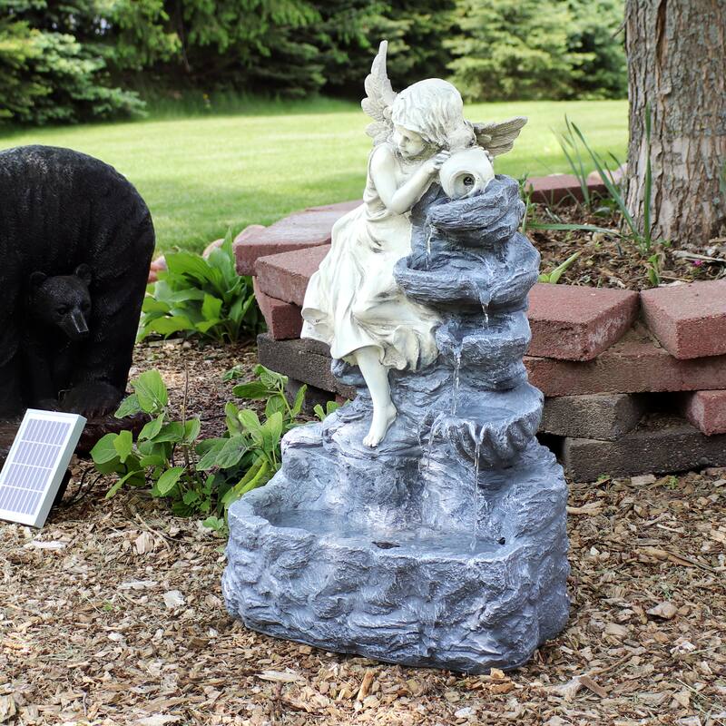 Sunnydaze Angel Falls Solar Outdoor Water Fountain w/ Battery 29" with LED Light