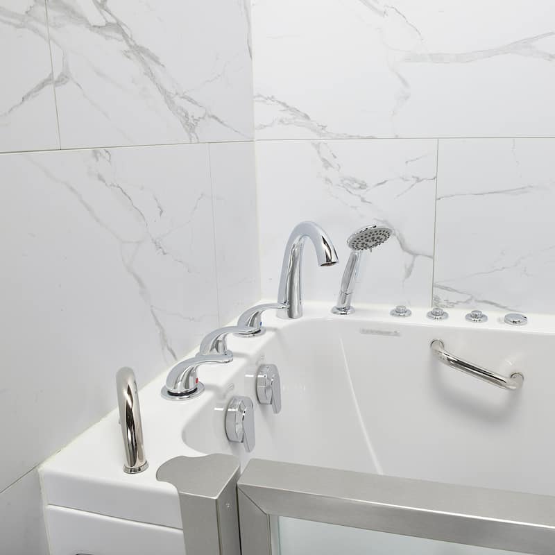 Royal 32" x 52" Acrylic Air and Hydro Massage Walk-In Tub, Inswing Door, Fast Fill Faucet, 2" Dual Drain, Carrara Wall Surround