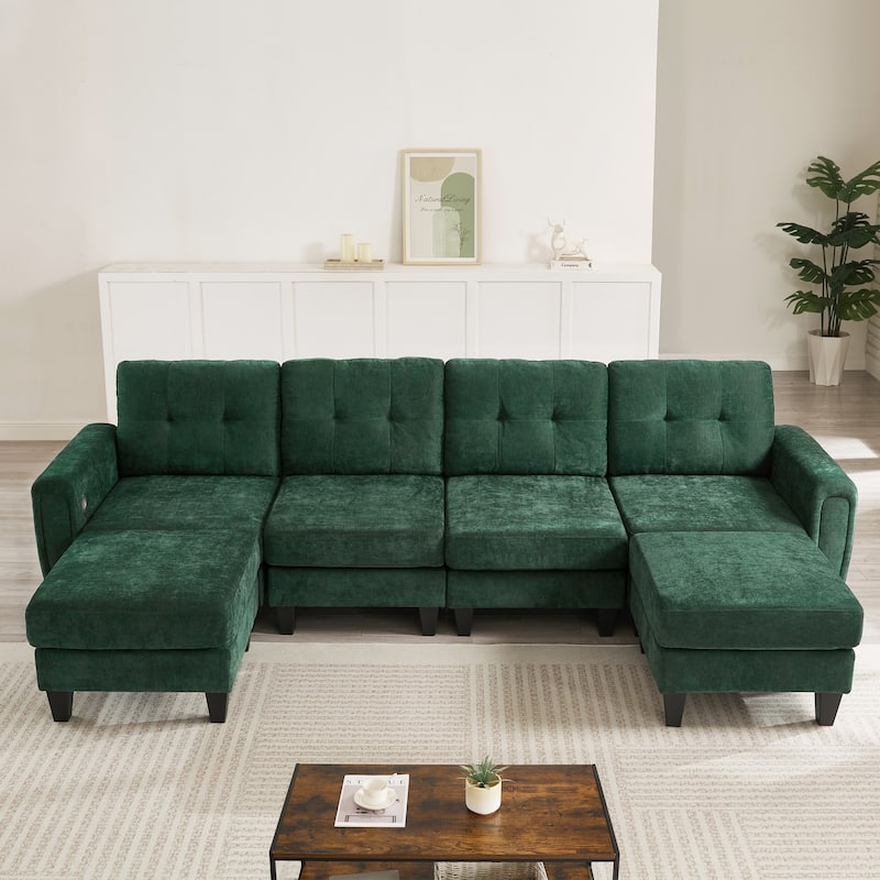 115" U-Shaped Sectional Couch, 6 Seat Upholstered Deep Seat Sofa with Movable Ottomans, USB Ports and Side Tables - Green