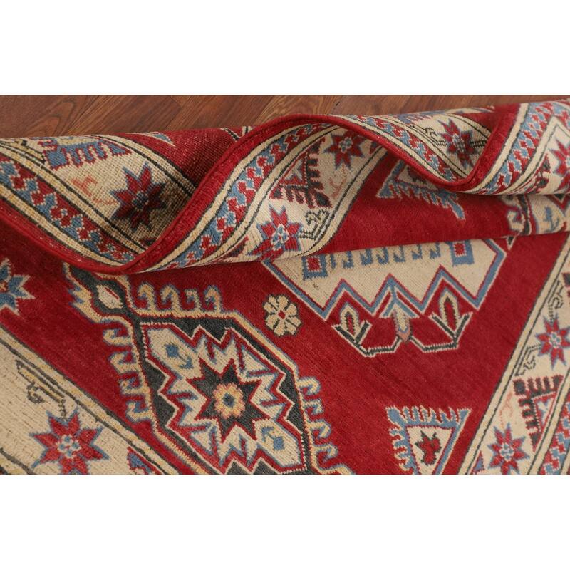 Geometric Red Kazak Accent Rug Hand-Knotted Wool Carpet - 3'4" x 4'9"