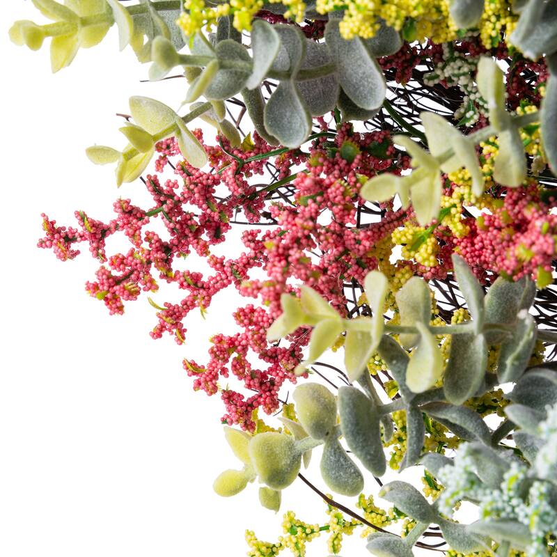 Glitzhome 24"D Mixed Floral Eucalyptus Wreath Includes a Complimentary Black Metal Wreath Hanger