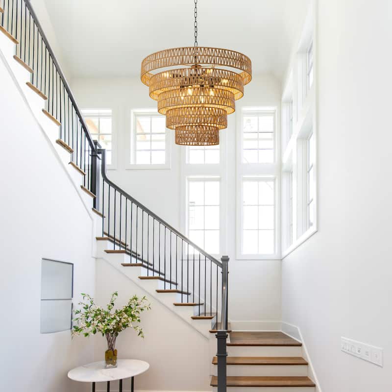 8-Light Dimmable Hand-Woven Rattan Tiered Chandelier