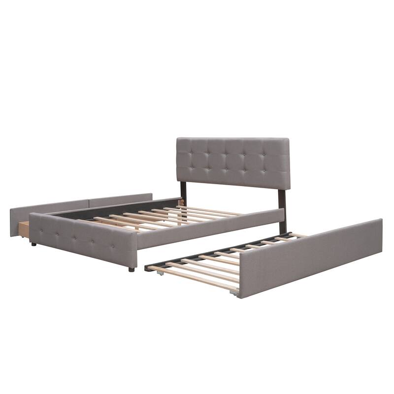 Queen Size Upholstered Platform Bed with 2 Drawers and Twin XL Trundle, Linen Fabric, Light Gray