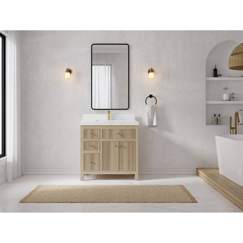 Willow Collections 36 x 22 Sonoma Oak Wood Center Sink Right Bathroom Vanity with Quartz or Marble Countertop