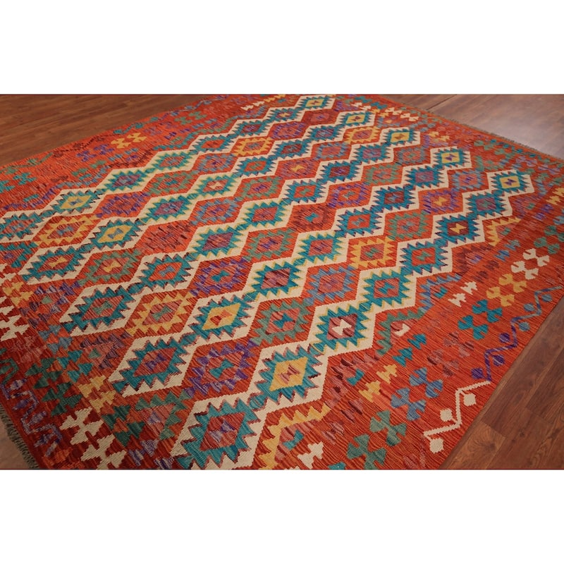 Geometric Kilim Oriental Area Rug Flatweave Reversible Wool Carpet - 8'4" x 9'10"