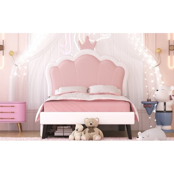 slide 2 of 5, Twin Size Upholstered Princess Bed With Crown Headboard and 2 Drawers White&Pink - Twin