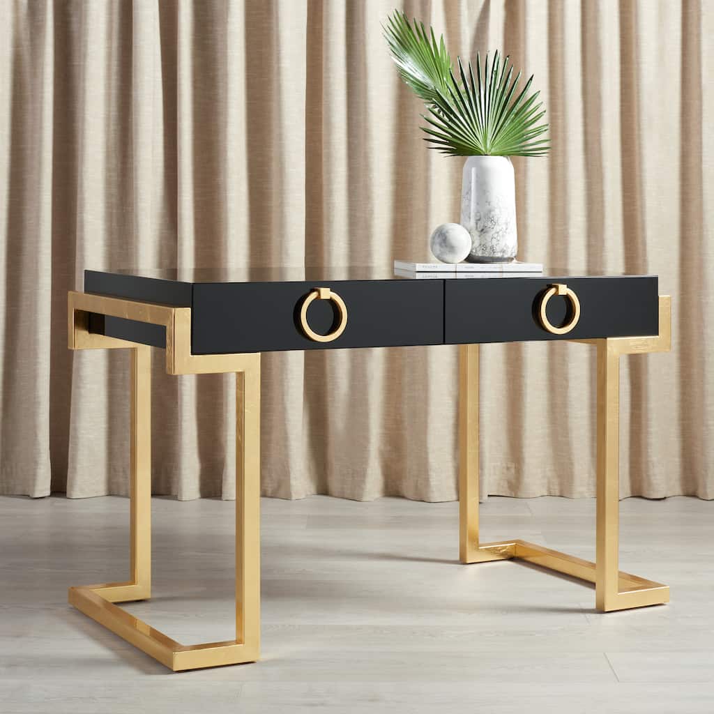 SAFAVIEH Couture Quyen Gold Leaf Black Lacquer 2-Drawer Storage Desk