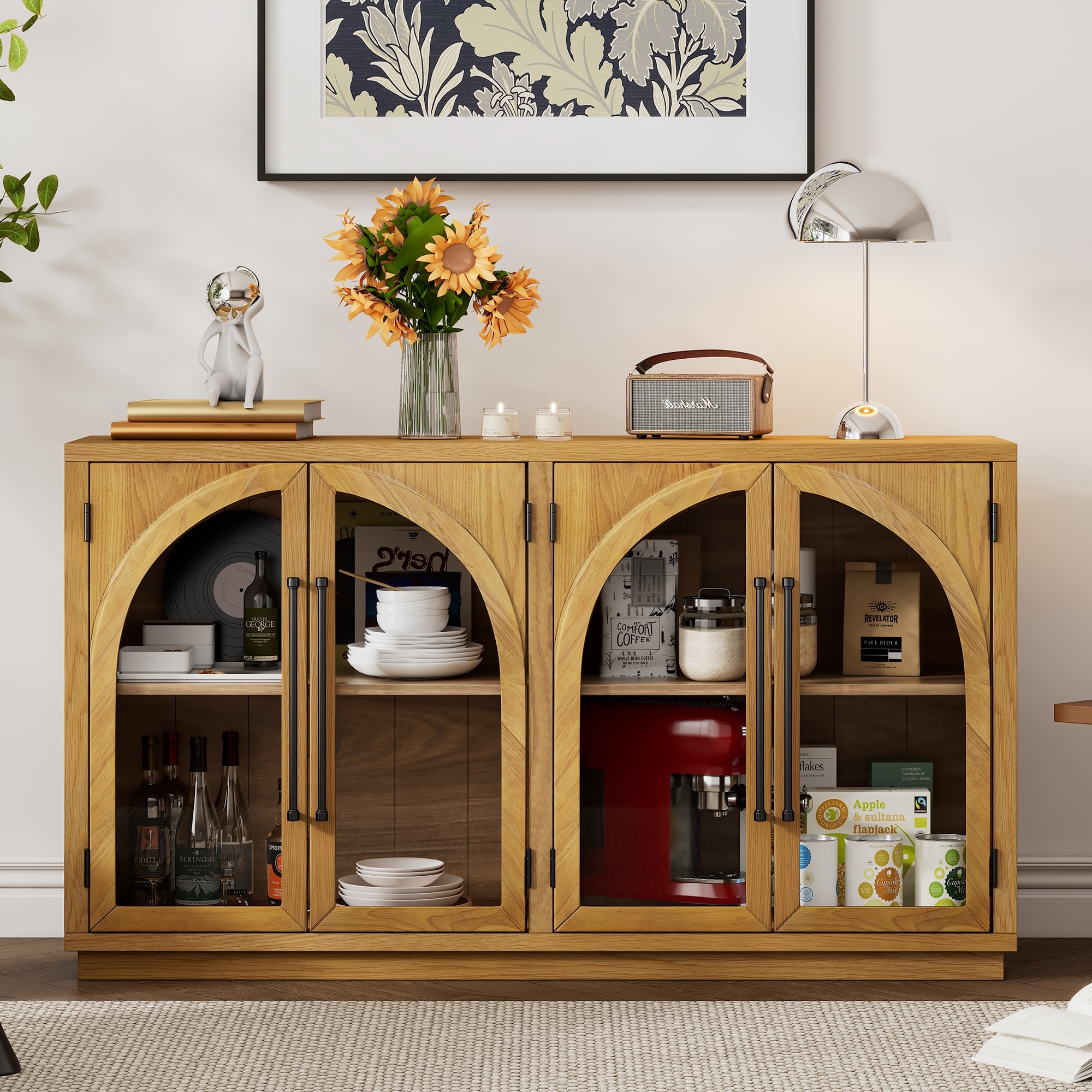 Roomfitters 4-Door Storage Sideboard Buffet Cabinet with Glass Doors, Arched Cabinet with Adjustable Shelves for Home Use