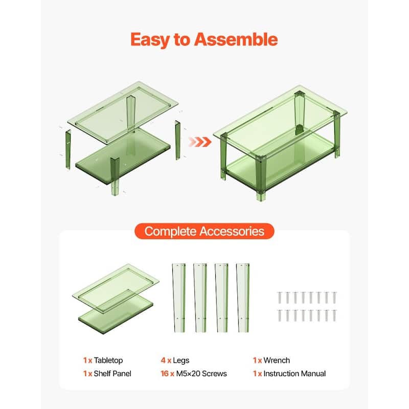 Transparent Green Acrylic 2-Tier Coffee Table with Sturdy Shelves and Modern Design - 19.7 x 31.5 x 15.7 in
