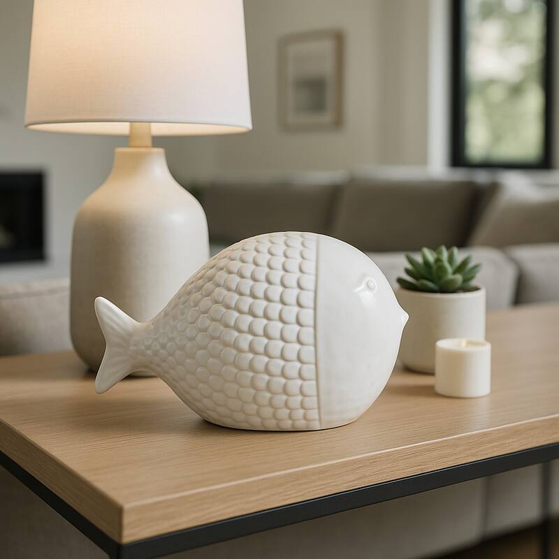 Ceramic Figurine Scaled Fish Sculpture Textured Accent - 6" White - 10" x 6" x 6"