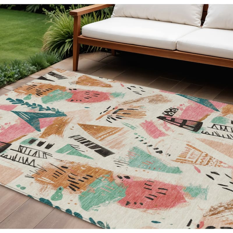 HomeRoots Abstract Transitional Rectangle Outdoor Rug - Blue/Ivory - 8' X 10'