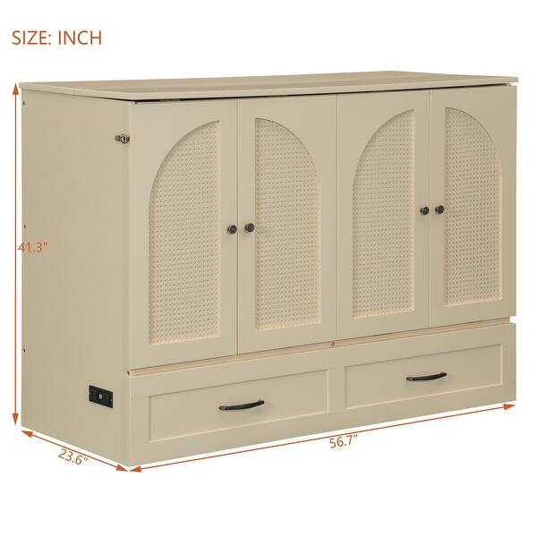 dimension image slide 4 of 7, Wood Murphy Bed with Large Drawer and Charging Station, Foldable Cabinet Wall Chest Bed with Rattan Finish, Wood Slats Support