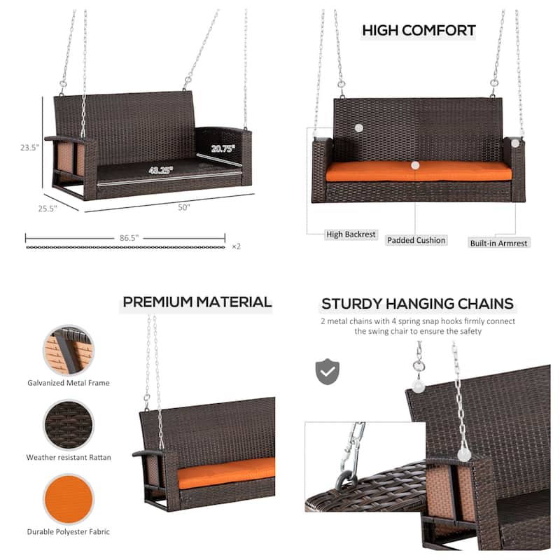 Outdoor Wicker Hanging Swing Bench with Metal Frame,550 lbs Capacity