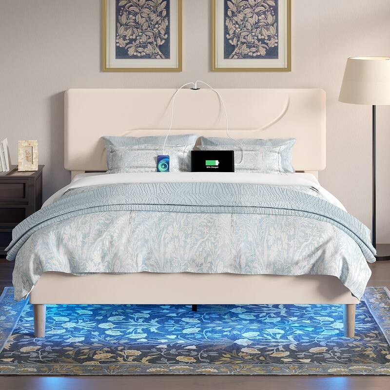 Javlergo Bed Frame with Smart LED Lights, Velvet Bed Frames with USB Charging Station, Modern Platform Bed - Beige - Queen