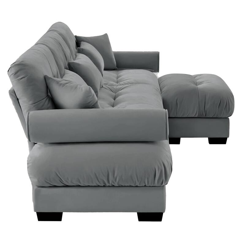 Modular Velvet Sectional Sofa Deep Seat L-Shaped Cloud Couch with Ottoman and Bolstered Armrests for Living Room