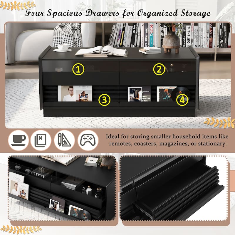 Modern Coffee Table with Tempered Glass Drawers & Grooved Design, End Table Office Table with Open Display Shelves