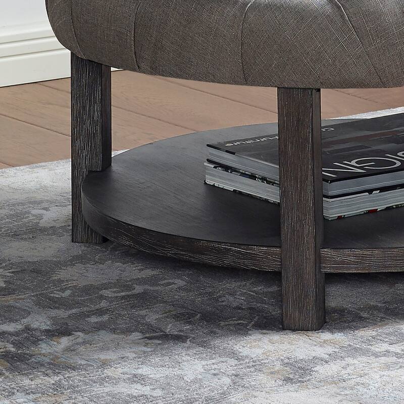 Aquines Farmhouse Round Gray Fabric Solid Wood Tufted Storage Cocktail Ottoman by Furniture of America