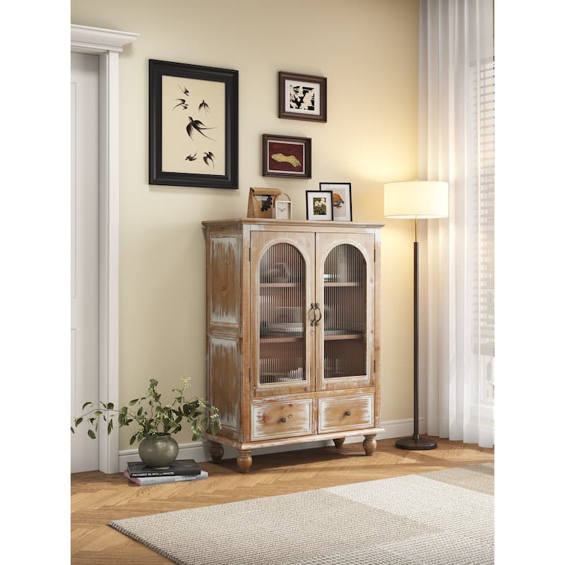 Farmhouse Storage Cabinet,Wood Kitchen Pantry Cabinet with 2 Glass Doors & 2 Drawers,Freestanding Buffet Cupboard with Shelves