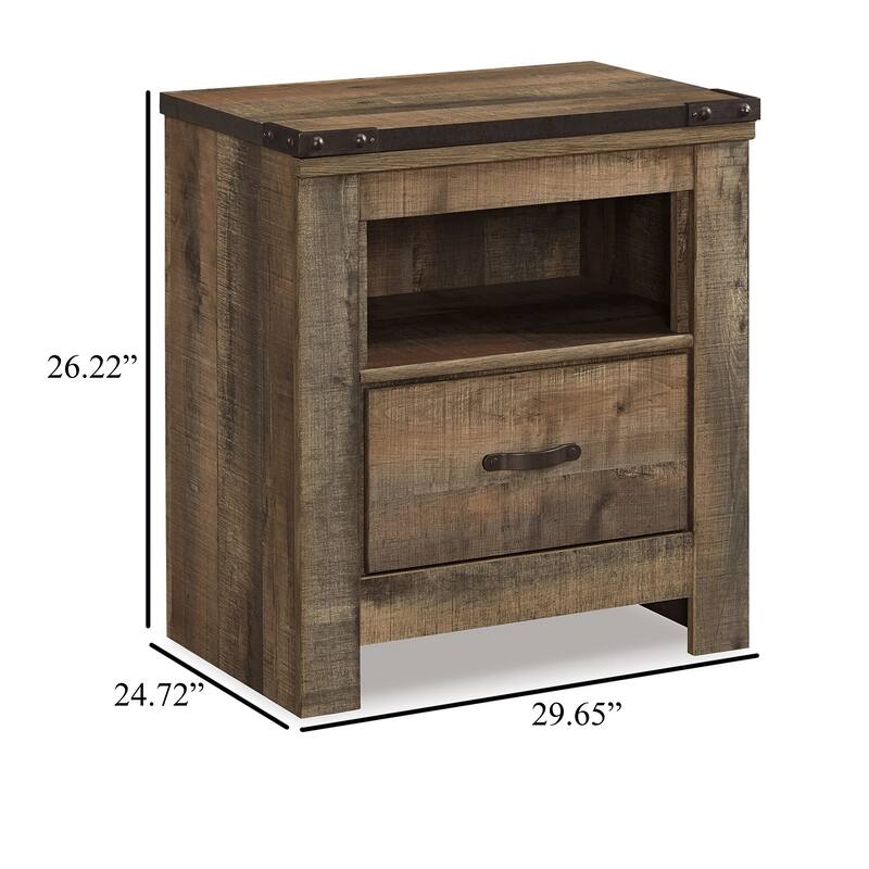 Zoey Nightstand w Drawer and Shelf, USB, Rustic Brown Plank Details