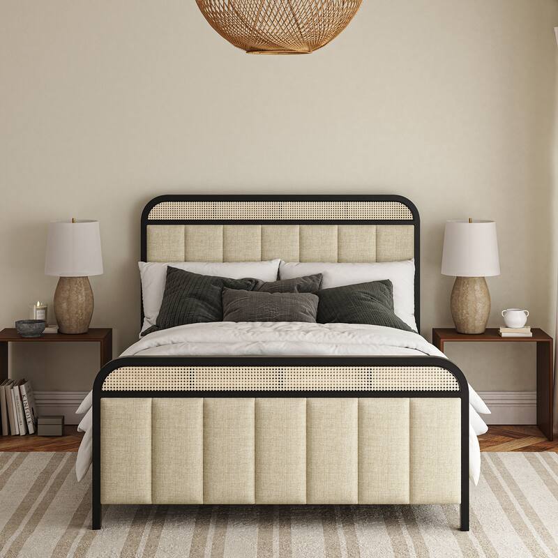Alphons Modern Solid Wood Frame Ratten Bed with LED Headboard by HULALA HOME