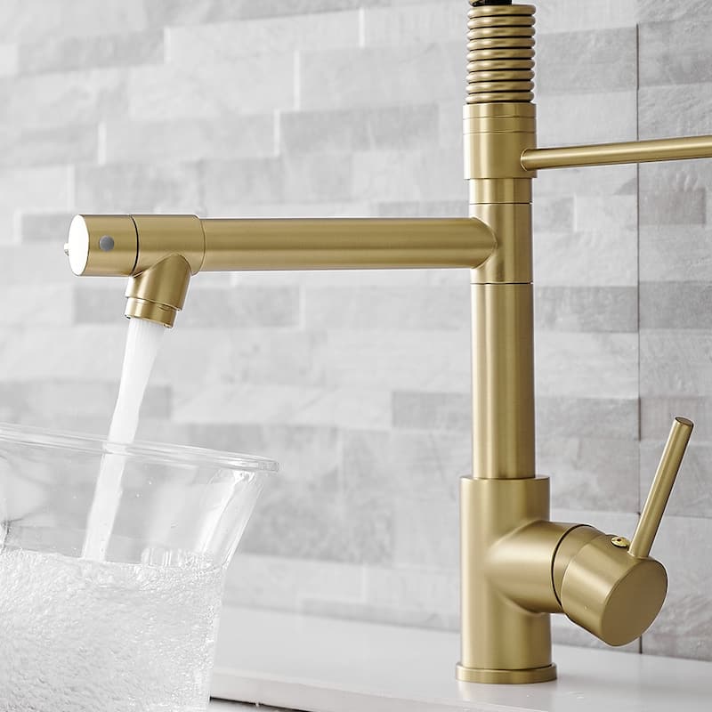 Single Handle Double Spouts Brushed Gold Pull Down Kitchen Faucet On