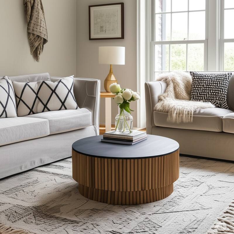 Montoya Coffee Table 34" Round Black Top Brown Mango Wood Fluted Plinth Base