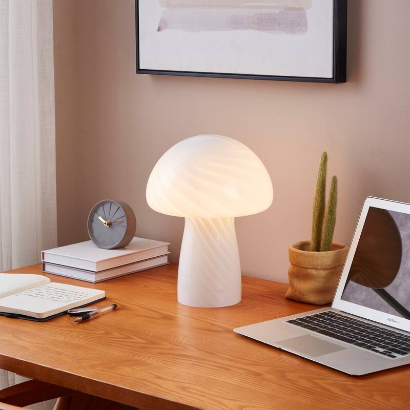 Brightech Mushroom 12.75 in. White Modern & Contemporary LED Bedside Table Lamp with Frosted White Glass Shade