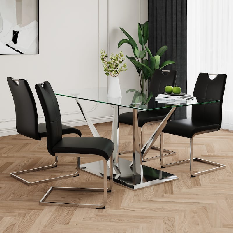 63" Glass Dining Table Set for 4, 5 Piece Dining Table and Chairs Set, Rectangular Table with 4 Faux Leather Chairs & Metal Legs - Black