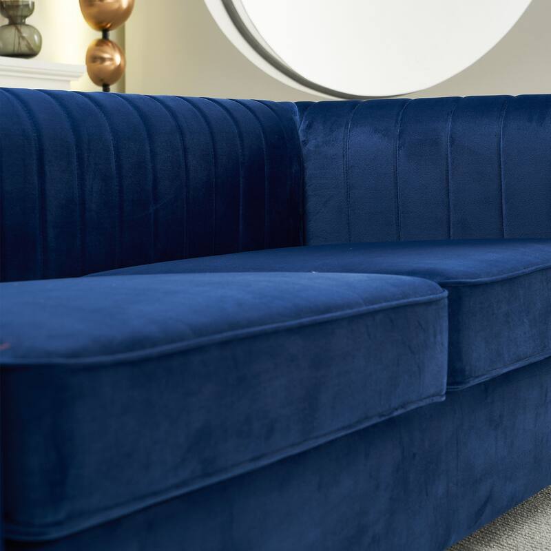 Modern Velvet Sofa with Channel Tufting & Gold Steel Legs - 3 Seater Couch