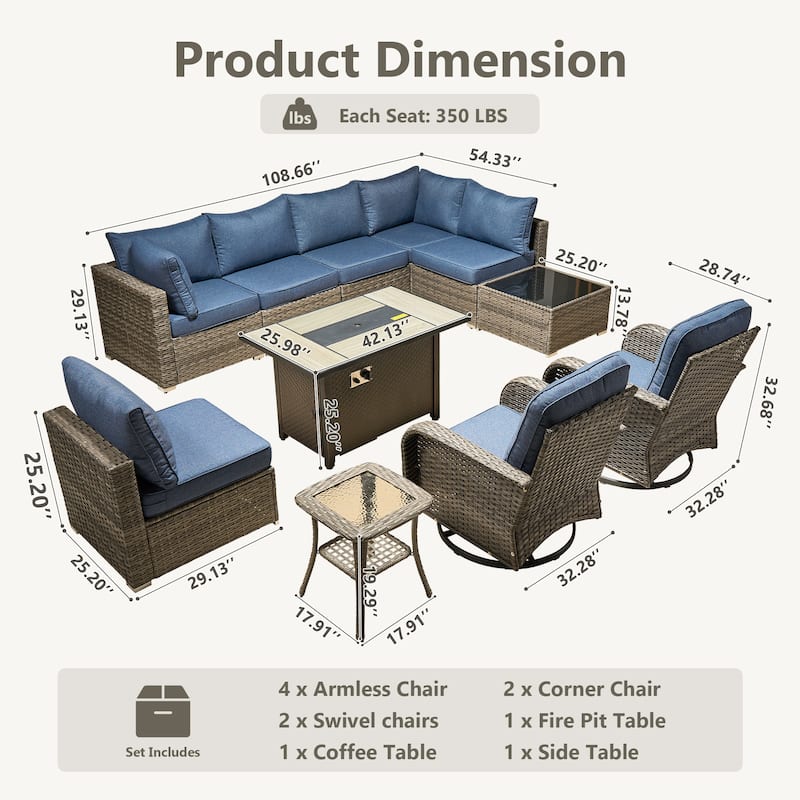 HOOOWOOO 11-piece Wicker Furniture Set Outdoor Sectional Sofa with Fire Pit