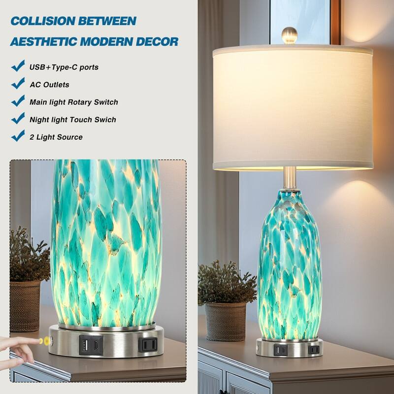26'' Coastal-Inspired Blue Table Lamp with Dual Lighting & Charging Hub(Set of 2) - 12'' x 12'' x 26''