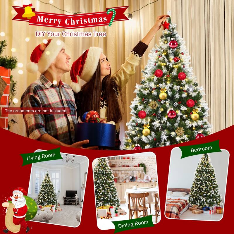 7.5 FT Pre-lit Snow Flocked Christmas Tree with Red Berries and 8 Lighting Modes