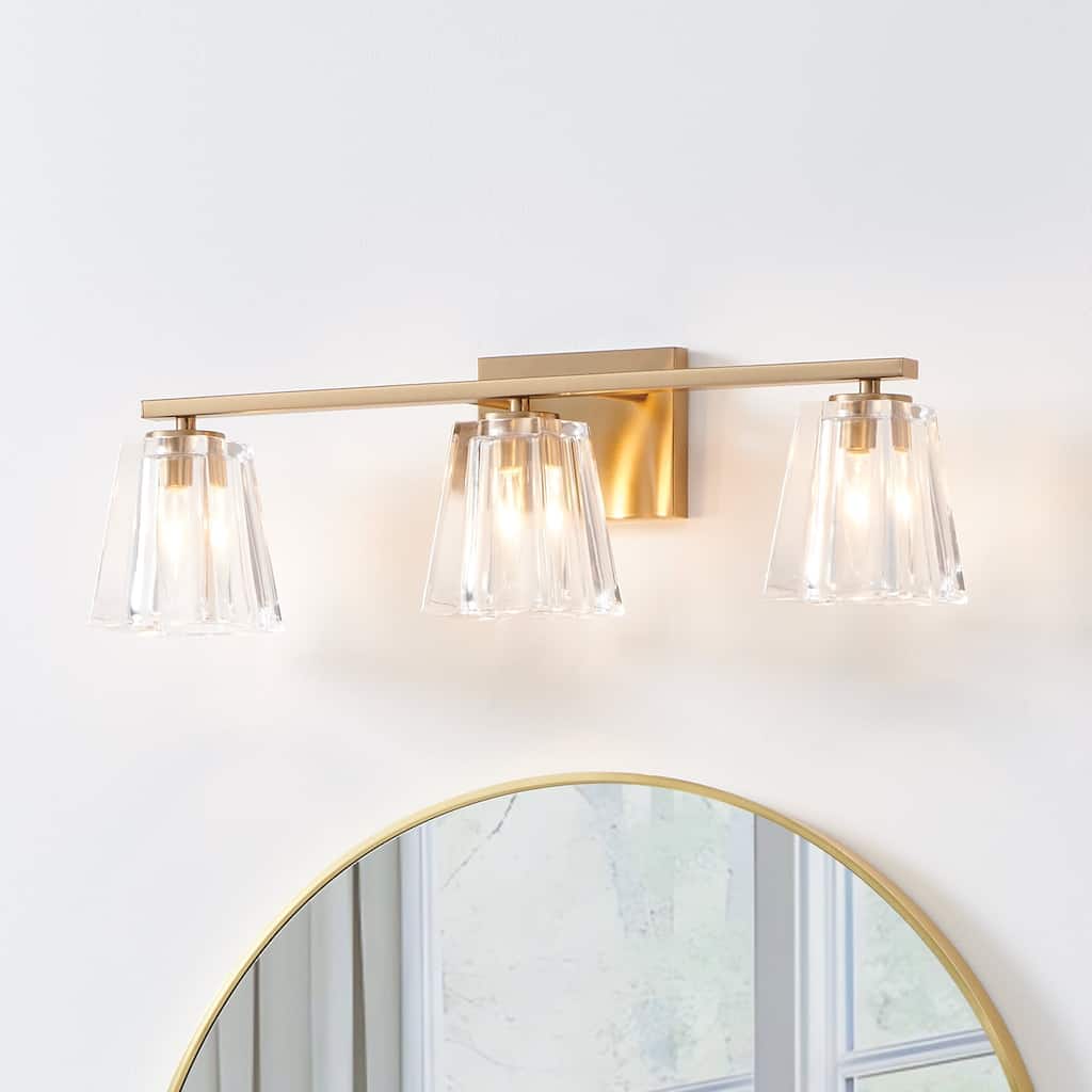 Thesis Valentin 24-inch 3-light Champagne Gold Vanity Light with Clear Pressed Glass Shades