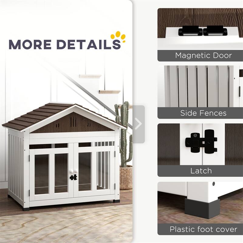 Dark Brown and White Wooden Dog Crate with Acrylic Front Door Removable Floor Elevated Design