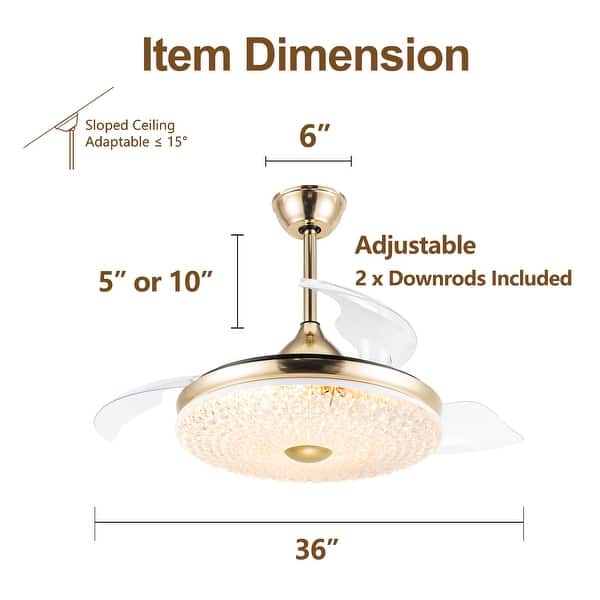 dimension image slide 3 of 4, 36" Black Crystal Retractable Ceiling Fan with LED light and Remote