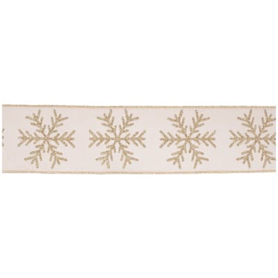 Glittered Snowflake Wired Ribbon 4 Inch x 5 Yards White and Gold - 180” x 4”x 0.25”