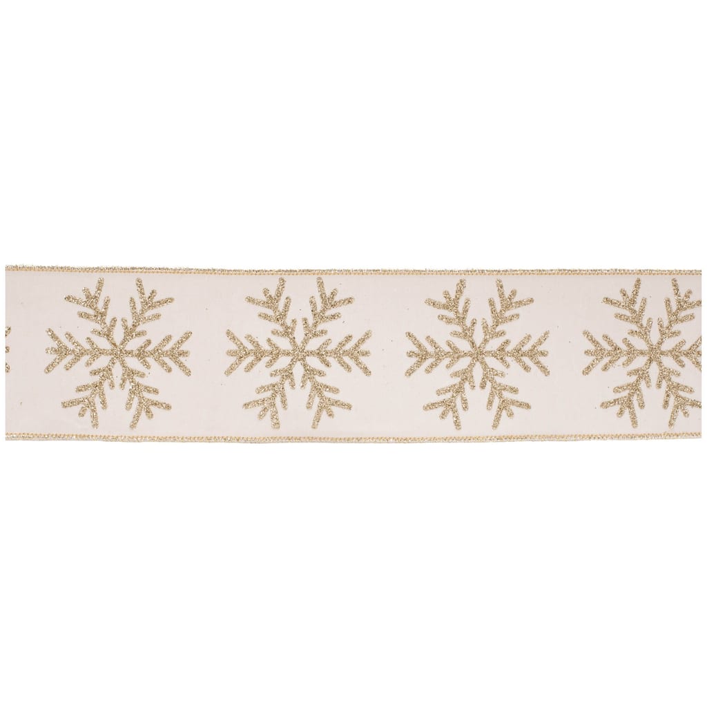 Glittered Snowflake Wired Ribbon 4 Inch x 5 Yards White and Gold - 180” x 4”x 0.25”