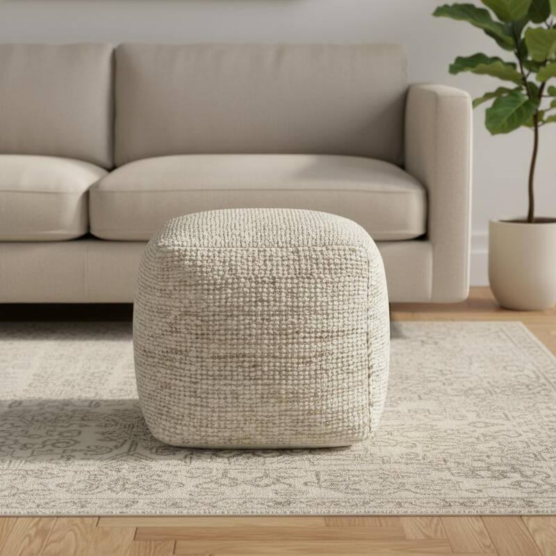 HomeRoots 18" Ivory Cotton Wool And Jute Striped Pouf Ottoman - Brown - 18.00 in. x 18.00 in.  x 18.00 in.