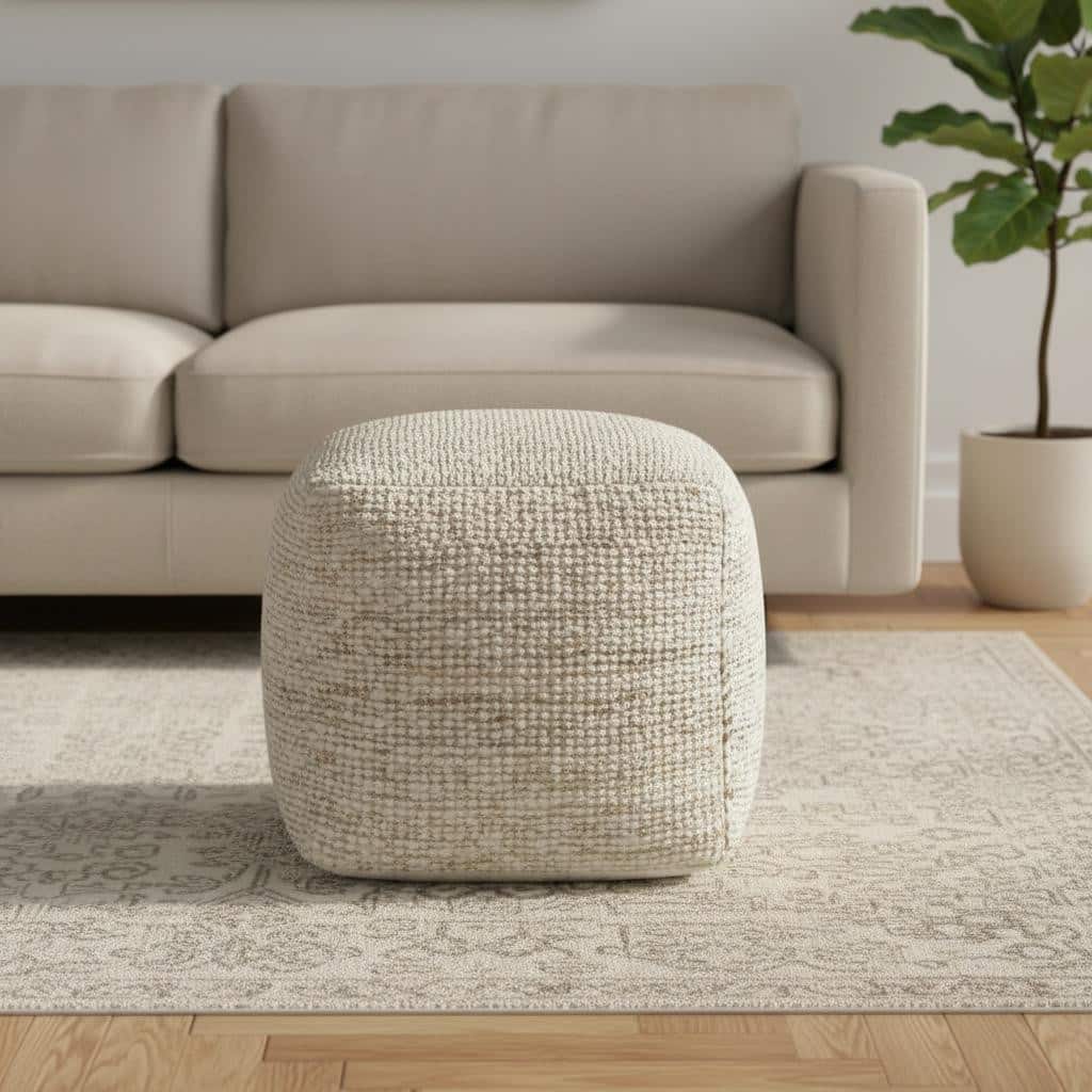 HomeRoots 18" Ivory Cotton Wool And Jute Striped Pouf Ottoman