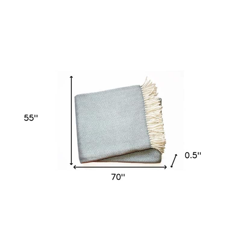 HomeRoots 70" X 55" Sky Blue And White Cotton Blend Woven Herringbone Plush Throw Blanket with Tassels
