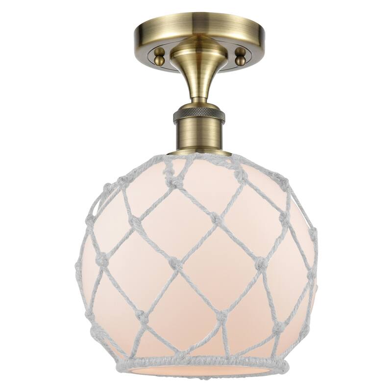 Innovations Lighting 516-1C-13-8 Farmhouse Rope Semi-Flush Farmhouse - Antique Brass / White Glass with White Rope