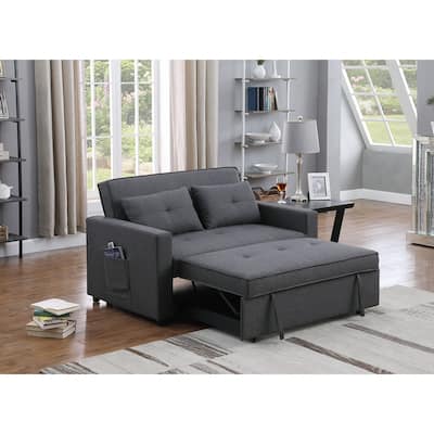 Linen Fabric Convertible Sleeper Loveseat, 2 Seat Loveseat Sofa with Side Pocket, Sofa Bed with Reclining Backrest