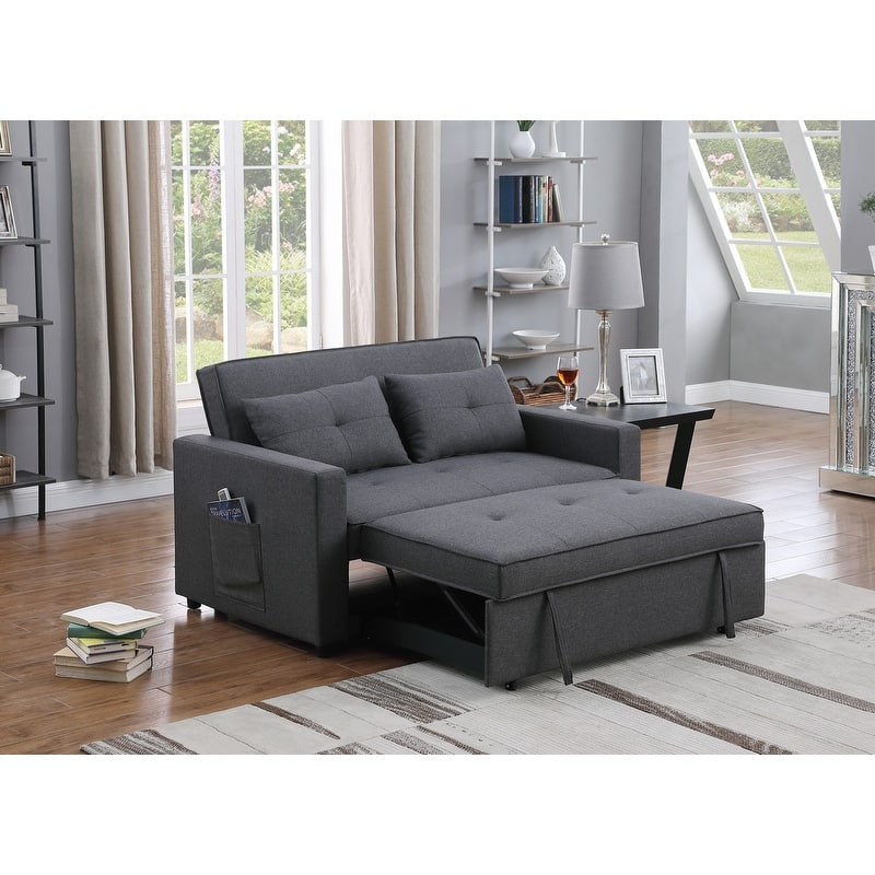 Linen Fabric Convertible Sleeper Loveseat, 2 Seat Loveseat Sofa with Side Pocket, Sofa Bed with Reclining Backrest