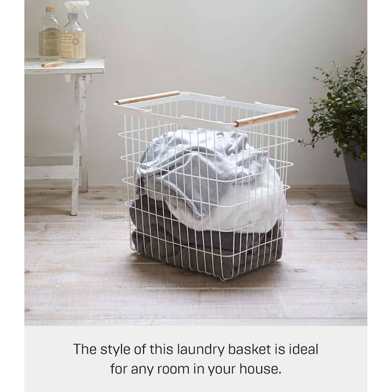 Yamazaki Home Wire Basket - Two Sizes, Steel and Wood, Large, 8.7 gallons, 33 liters, Holds 8.8 lbs - Large
